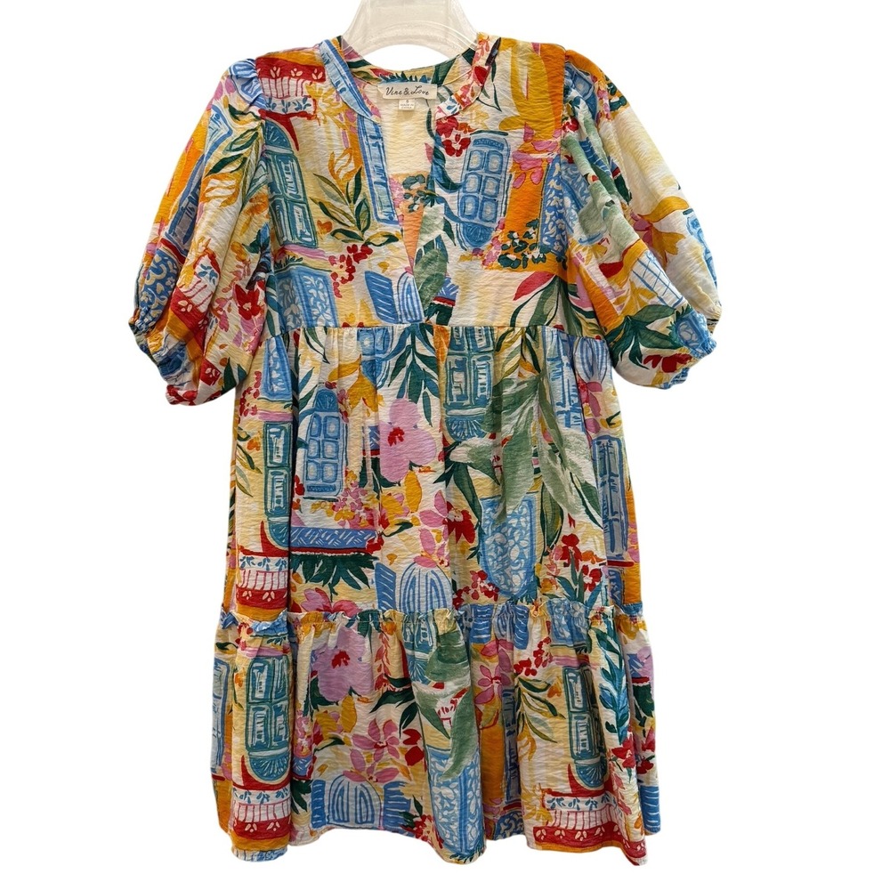 Vine & Love Floral Colorful Print Puff Sleeve Babydoll Mini Dress Size Small